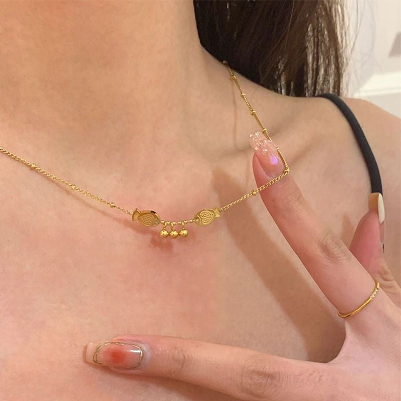 Vintage Titanium Steel Plated Double Fish Pendant Necklace for Women