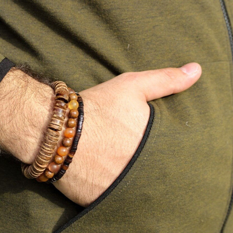 Vintage Round Wood and Agate Beaded Bracelet for Men and Women