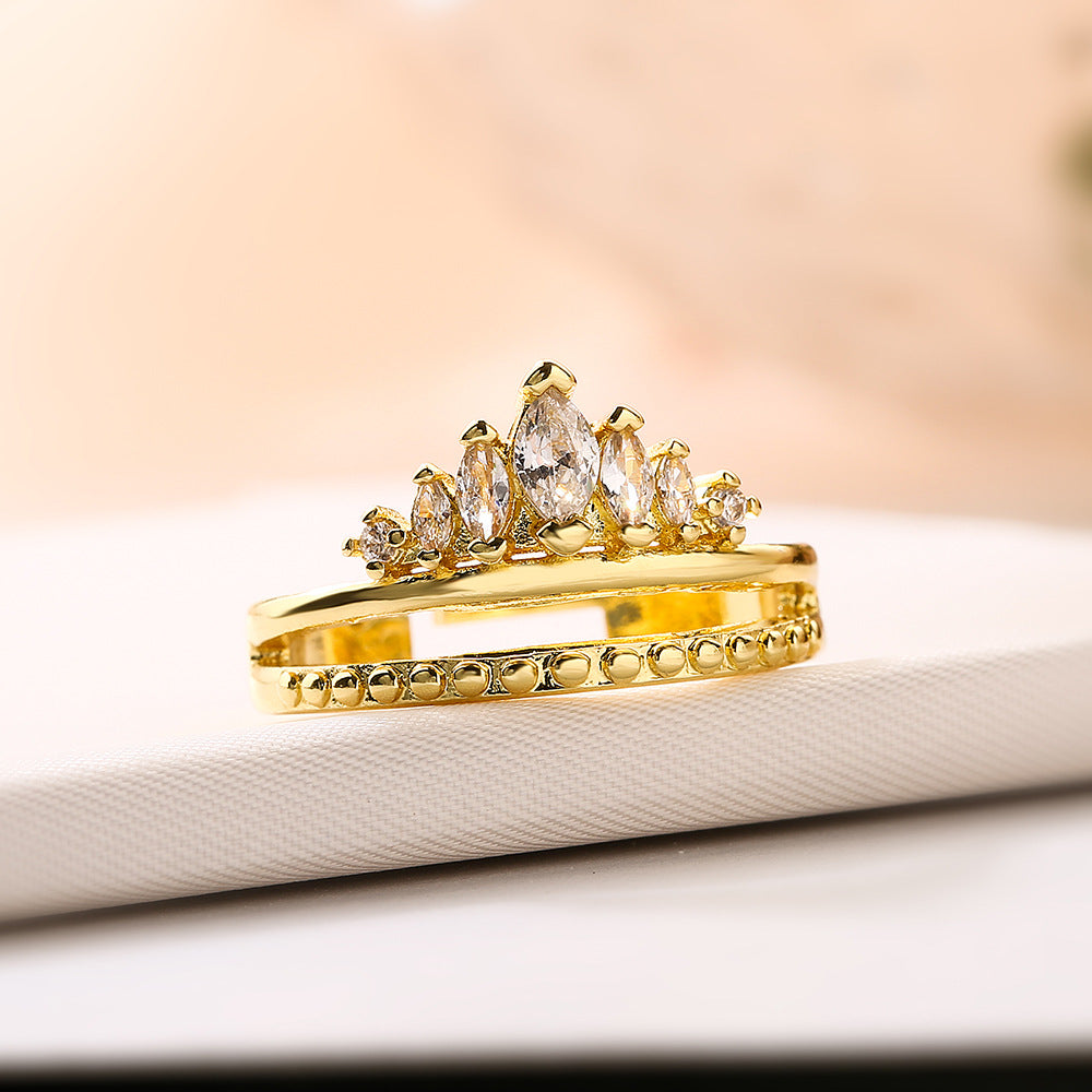Minimalist Geometric Crown Maria Open Ring for Women in Brass with Real Gold Plating and Micro-Paved Zirconia