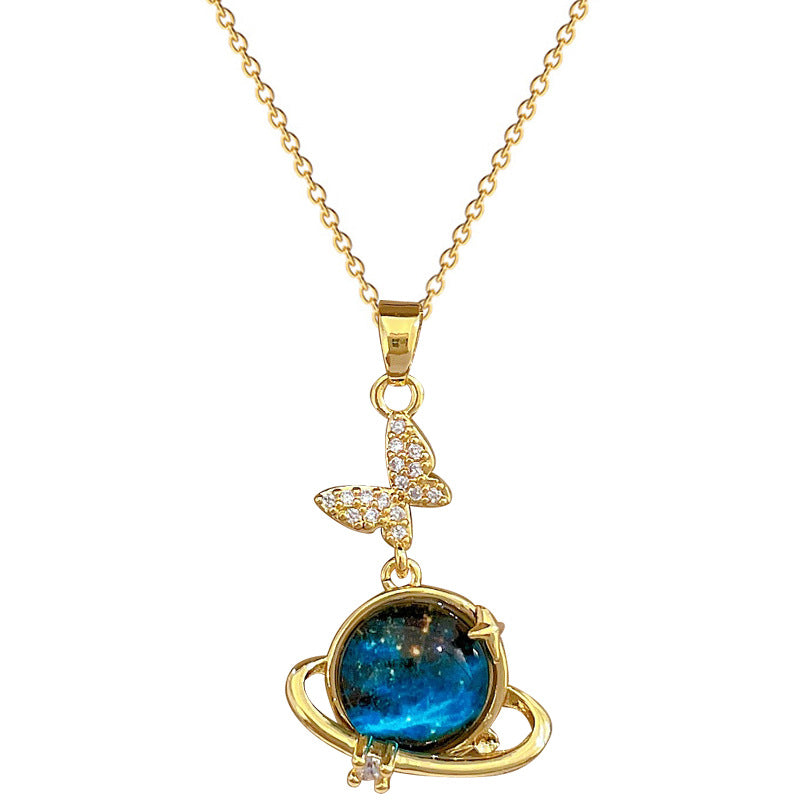 Butterfly Starry Sky Luxury Titanium Steel Necklace for Women and Men with Rhinestone Inlay Geometric Pendant