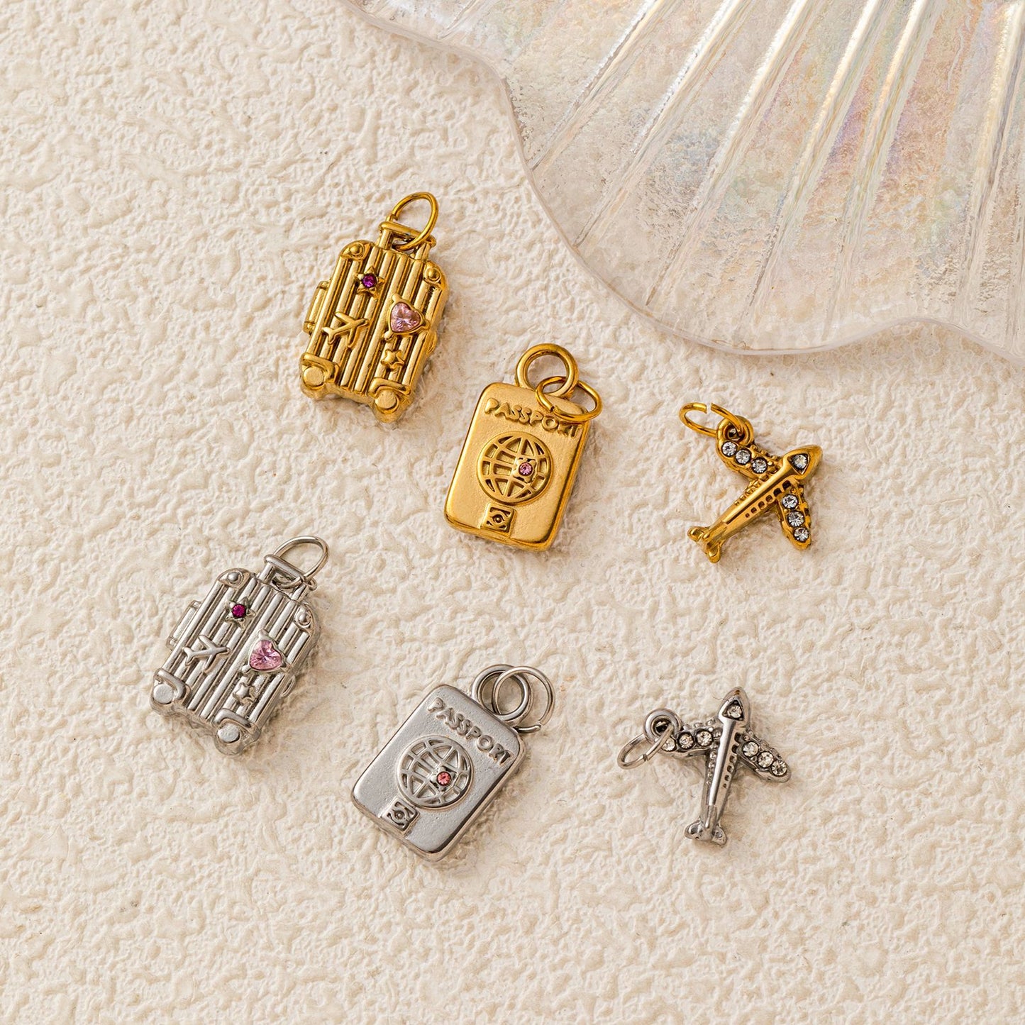 Minimalist Stainless Steel Plated Luggage Airplane Charm Bar Pendant