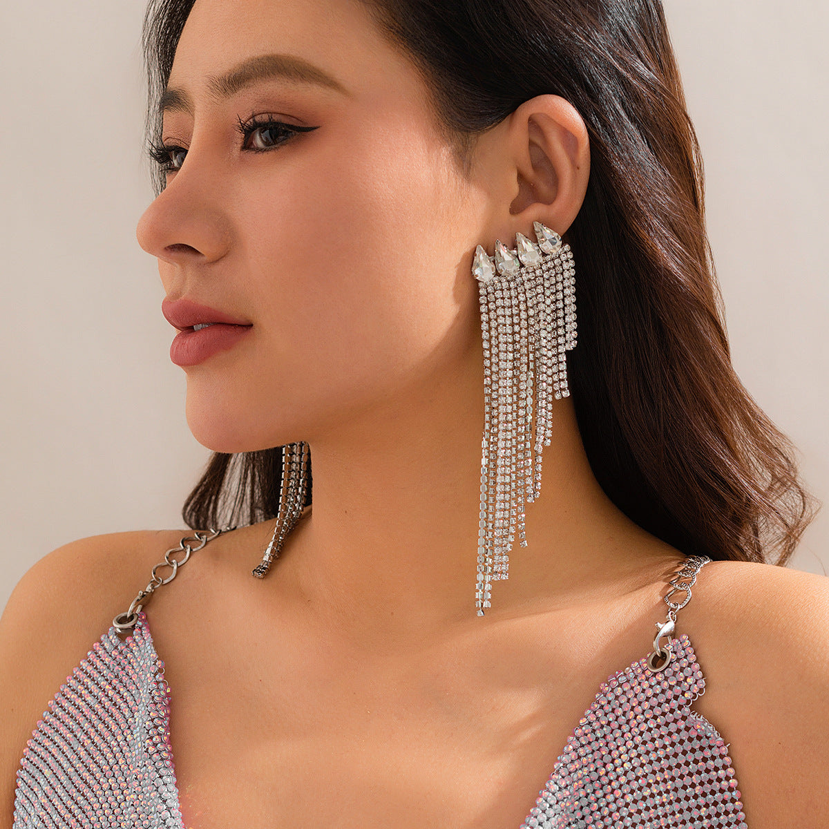 Vintage Luxury Geometric Rhinestone Inlay Tassel Earrings for Women