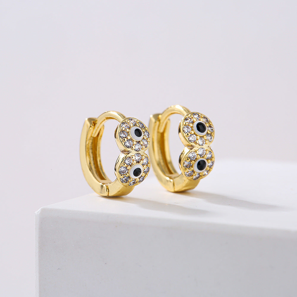 Orecchini Minimalisti Geometrici in Rame con Placcatura in Oro 18K e Dettaglio a Occhio Smaltato con Intarsio di Zirconi