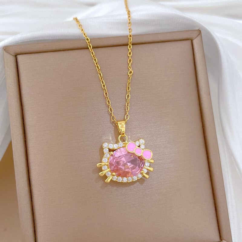 Sweet Cartoon Cat Bow Rhinestone Pendant Titanium Steel Necklace for Women and Men