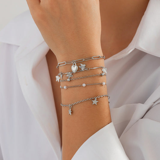Minimalist Alloy Plated Butterfly Geometric Pearl Bracelet Set for Women