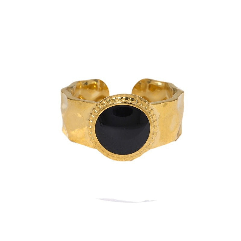 Vintage French-Style Geometric Titanium Steel Ring for Women with 18K Gold Plating and Enamel Finish