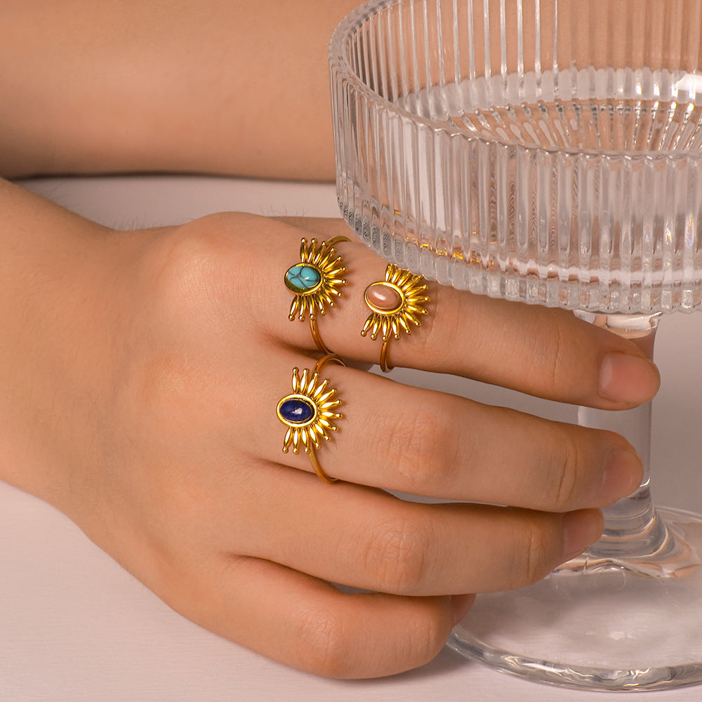 INS Style Geometric Sun-Shaped Stainless Steel Ring with Turquoise Inlay for Women and Men