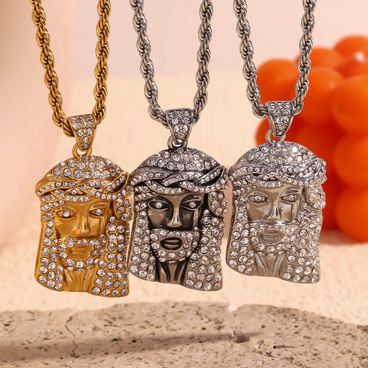 Retro Streetwear Hip-Hop Pendant Necklace for Men Stainless Steel with 18K Gold Plating and Full Rhinestone Face Design on Twisted Chain