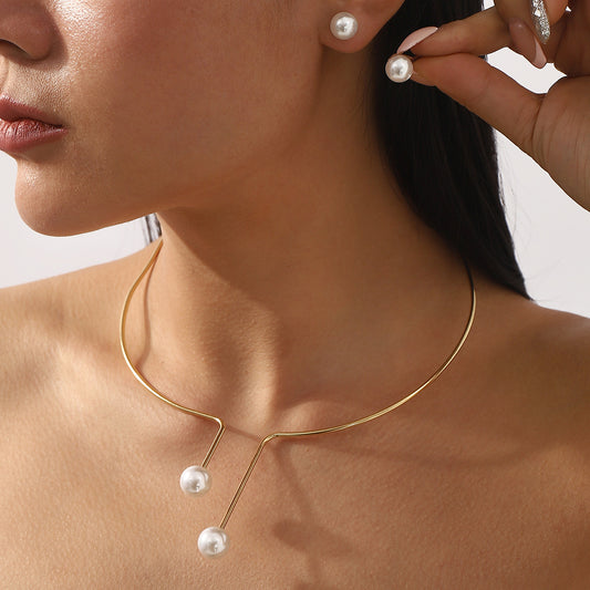 Minimalist Geometric Pearl-Style Pendant Necklace and Earrings Set for Women with Electroplated Iron Base