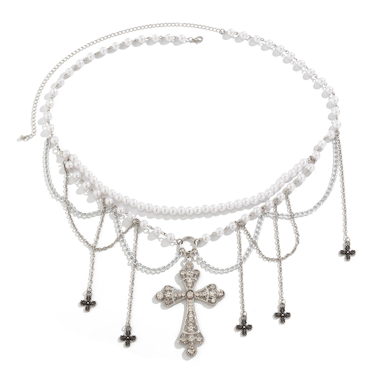 Vintage Cross Faux Pearl Tassel Waist Chain for Women