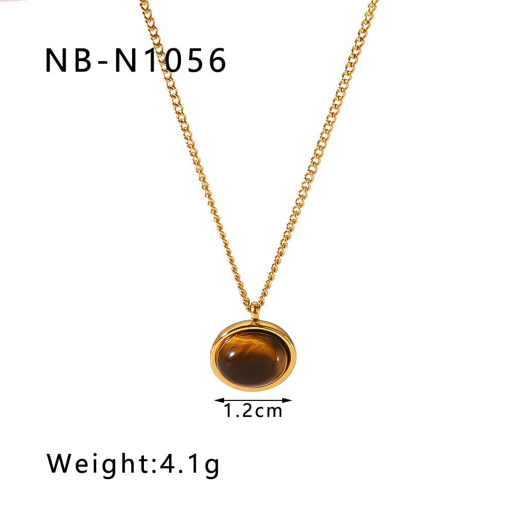 Vintage French Style Geometric Pendant Necklace for Women Stainless Steel with 18K Gold Plating and Natural Tiger Eye Inlay
