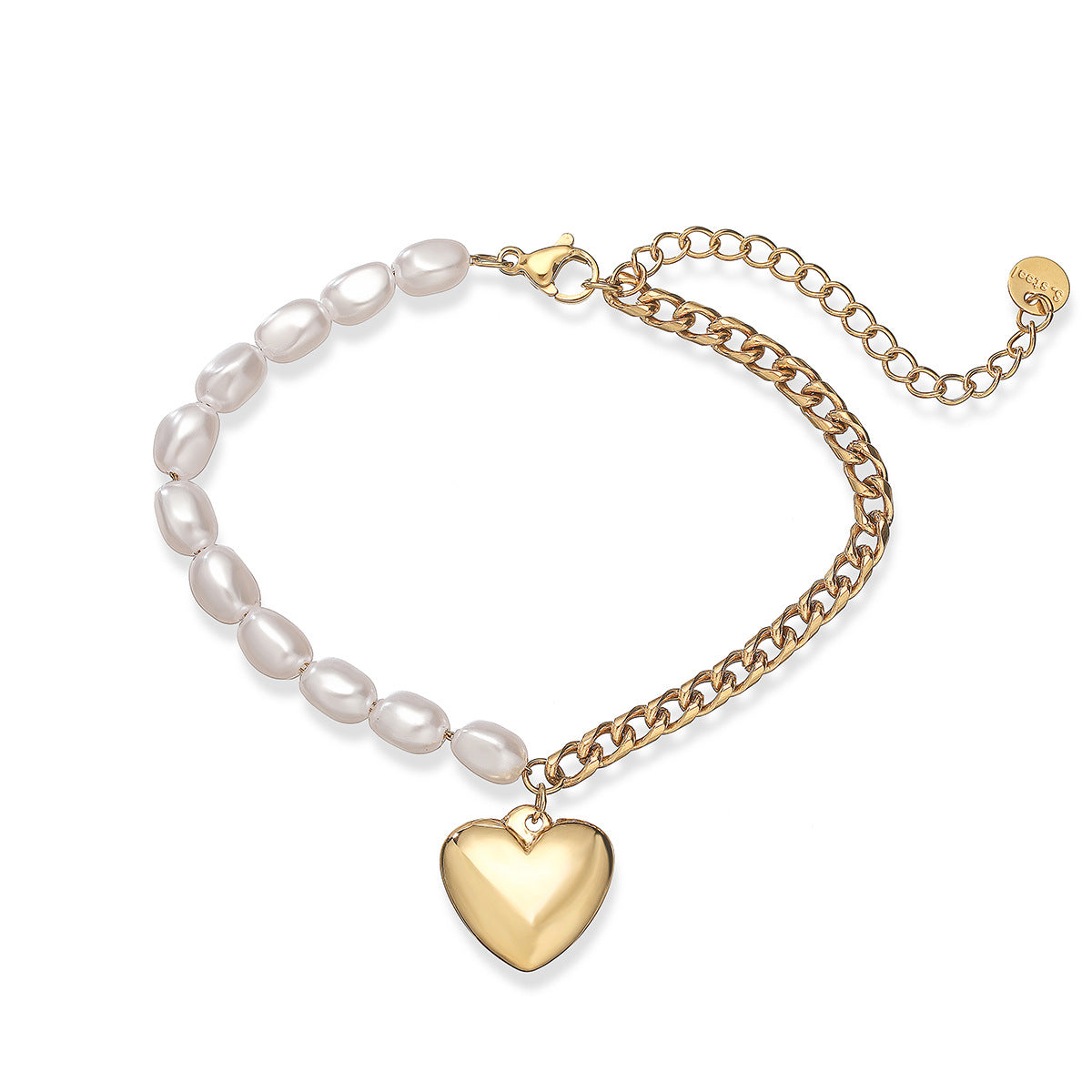 Minimalist Heart-Shaped 18K Gold-Plated Stainless Steel Bracelet for Women with Pearl Accent
