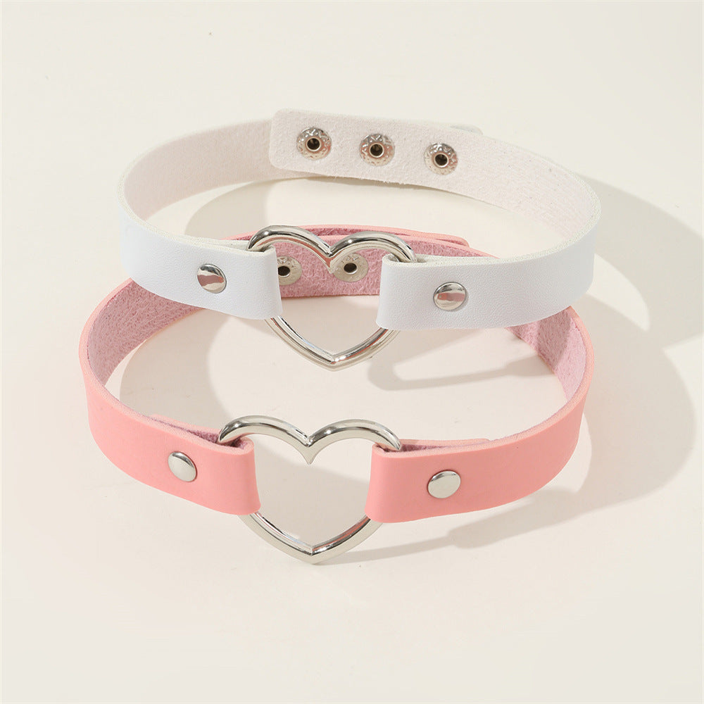 Set di Girocolli in Pelle a Cuore Stile Harajuku Minimalista Carino per Bambini in Rosa Tenue e Bianco