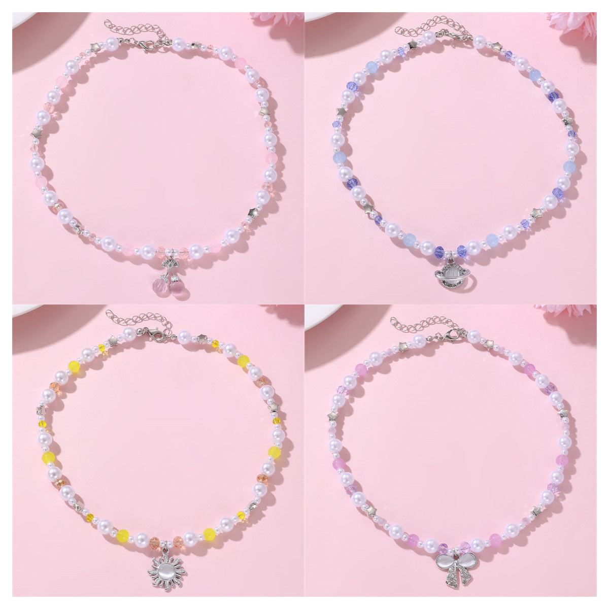 Set di collana per bambine a forma di fiocco minimalista in resina con braccialetto di perline per bambine dai 3 ai 10 anni