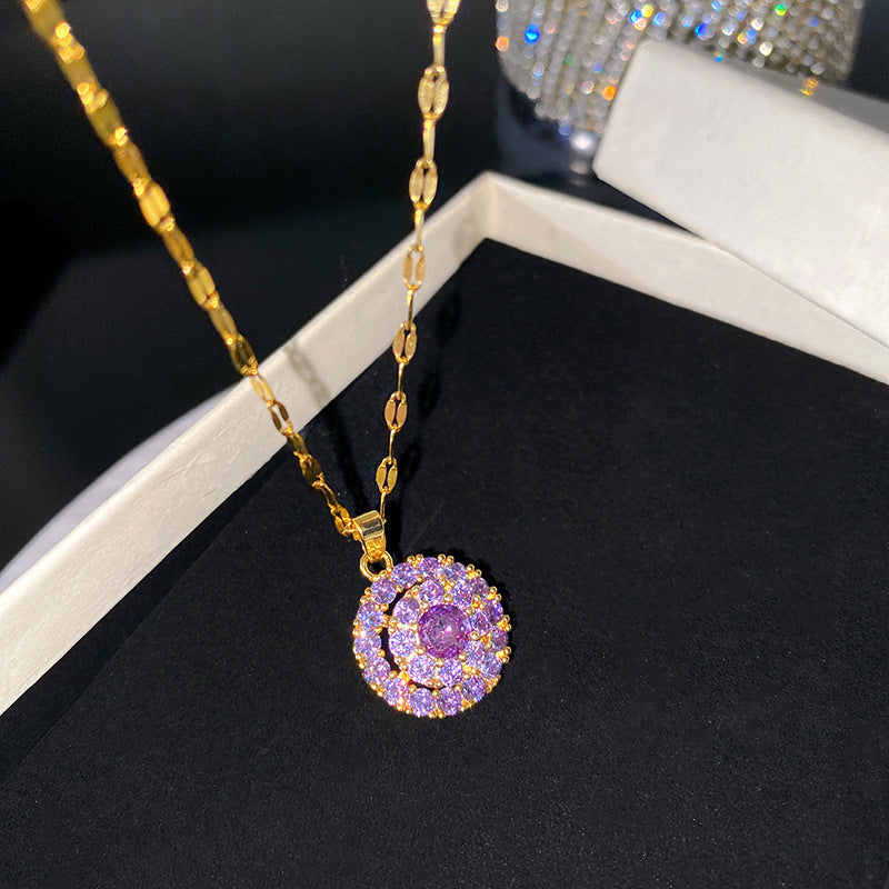Sweet Sporty Colorful Rotating Cubic Zirconia Geometric Heart Fruit Pendant Titanium Steel Necklace