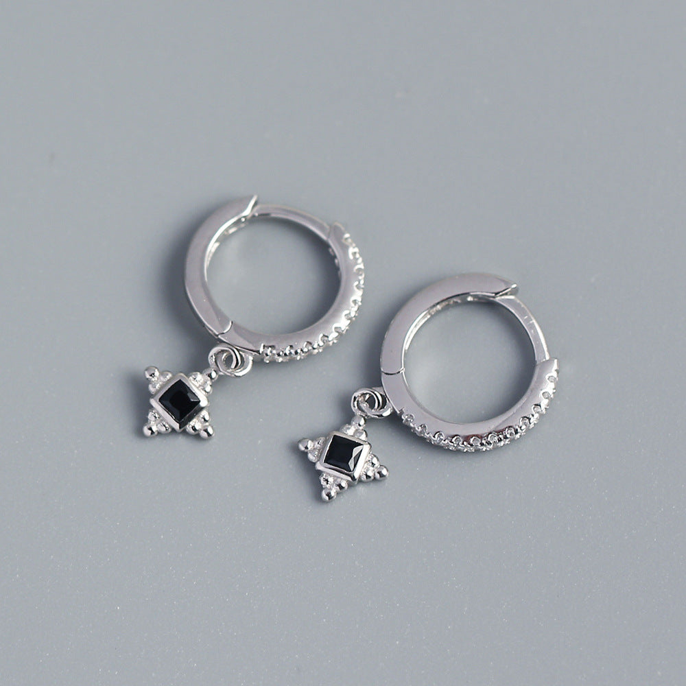 Minimalist Vintage 925 Sterling Silver Geometric Square Inlaid Cubic Zirconia Hoop Earrings