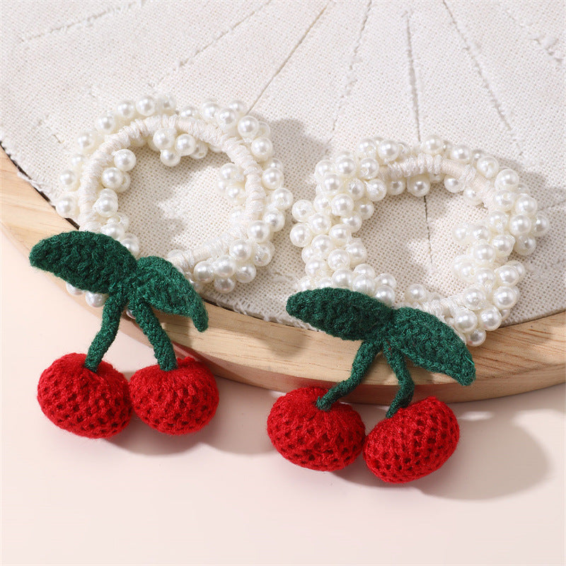 Minimalist Cartoon Cherry Knitted Hair Ring for Kids Handmade Fruit-Themed Hair Accessory with Macaron Color Palette
