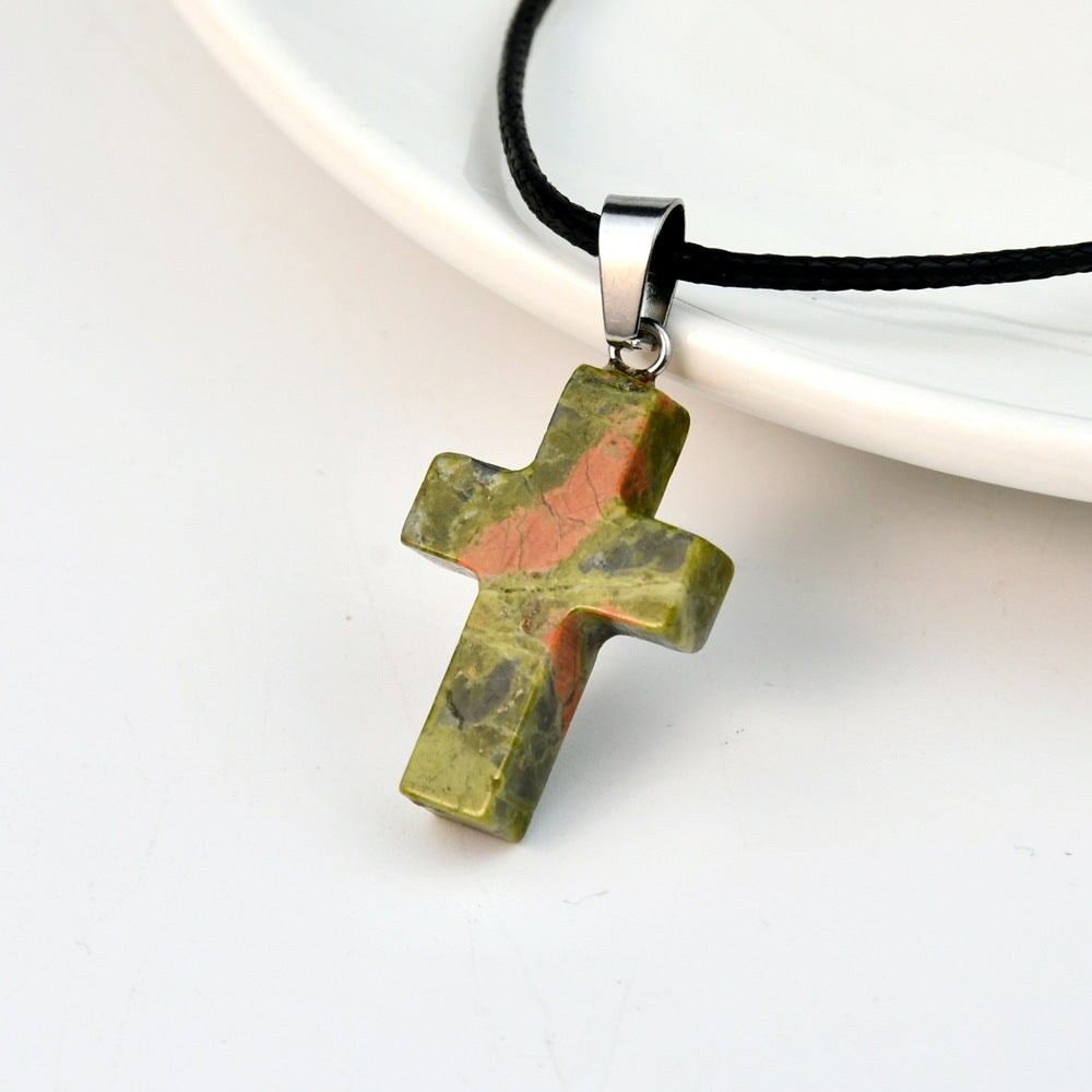 Minimalist Cross Crystal Agate Turquoise Pendant Necklace Unisex