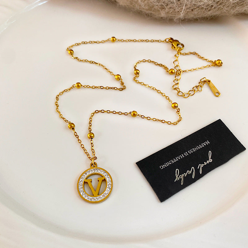 Gold Plated Titanium Steel Micro-Pave Diamond Hollow Round Geometric Necklace and Earring Set