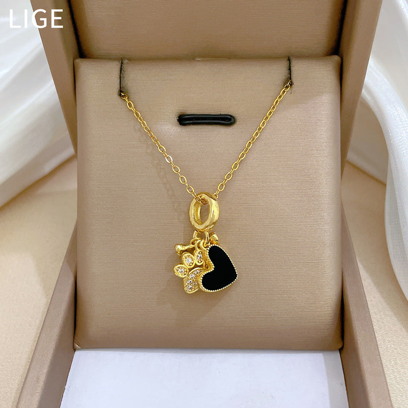 Luxury Heart-Shaped Stainless Steel Necklace with Dog Paw Pendant and Rhinestone Inlay for Women