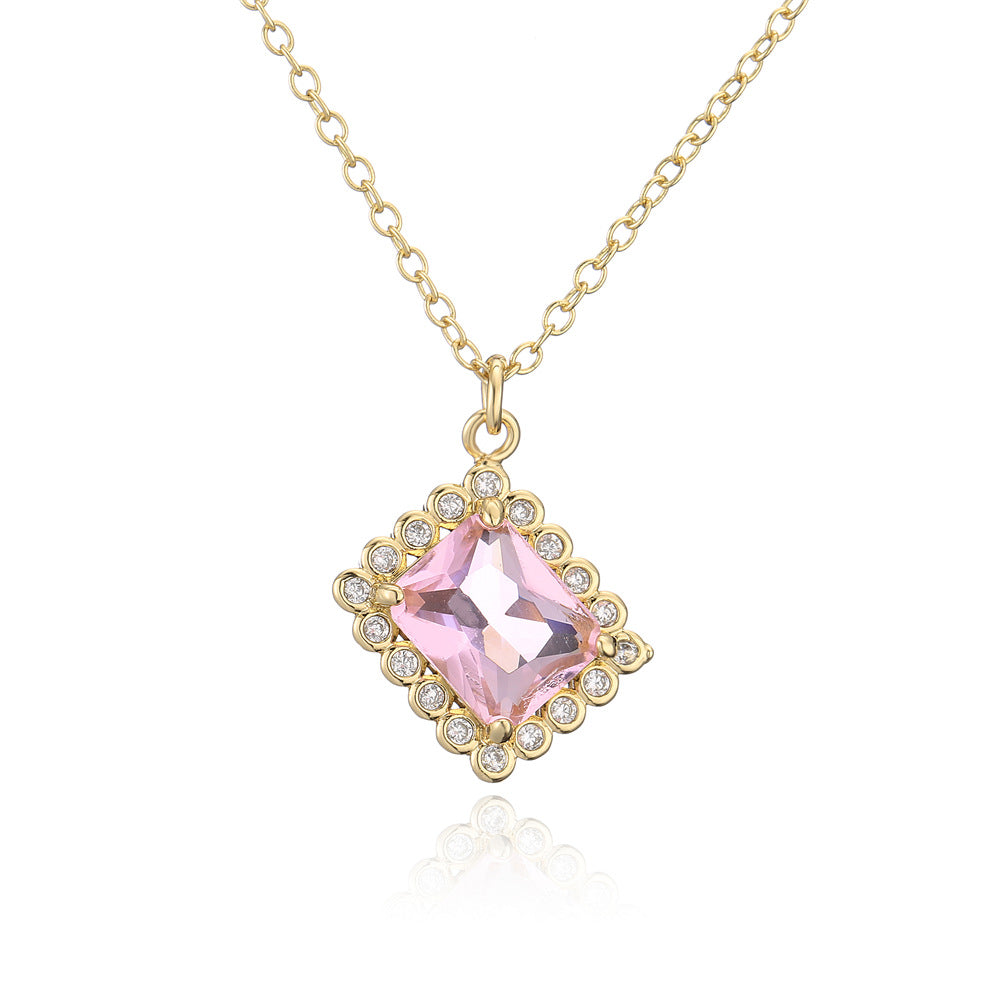 INS Style Geometric Green Zircon Pendant Necklace for Women with Copper Base and 18K Gold Plating
