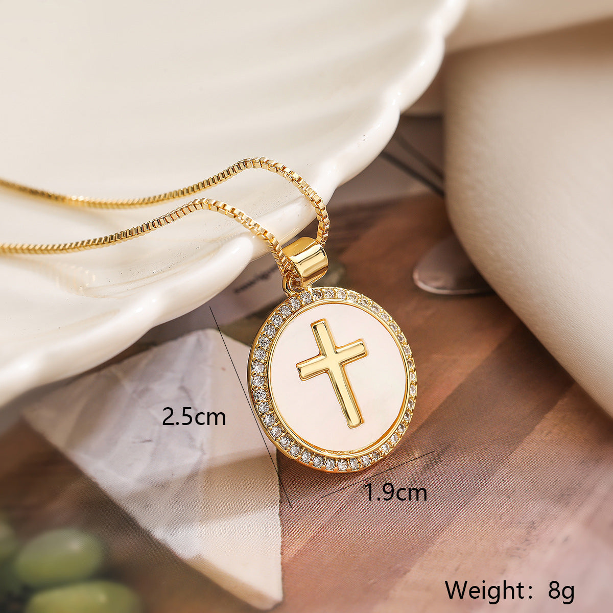 Minimalist Cross-Shaped Pendant Necklace for Women with Copper Base Plated in 18K Gold Featuring White Abalone and Cubic Zirconia on a Delicate Clavicle Chain