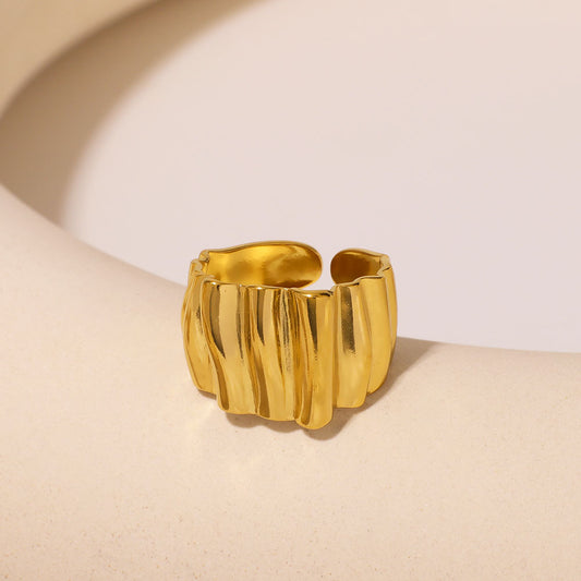 Wavy Geometric Stainless Steel Ring with 18K Gold Plating for Women and Men — Textured Ripple Design Minimalist Adjustable Band