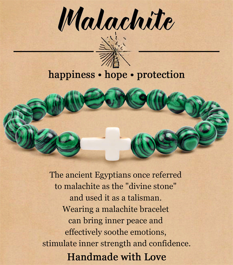 Vintage Bohemian 8mm Agate Cross Beaded Bracelet Unisex Religious Handmade Jewelry