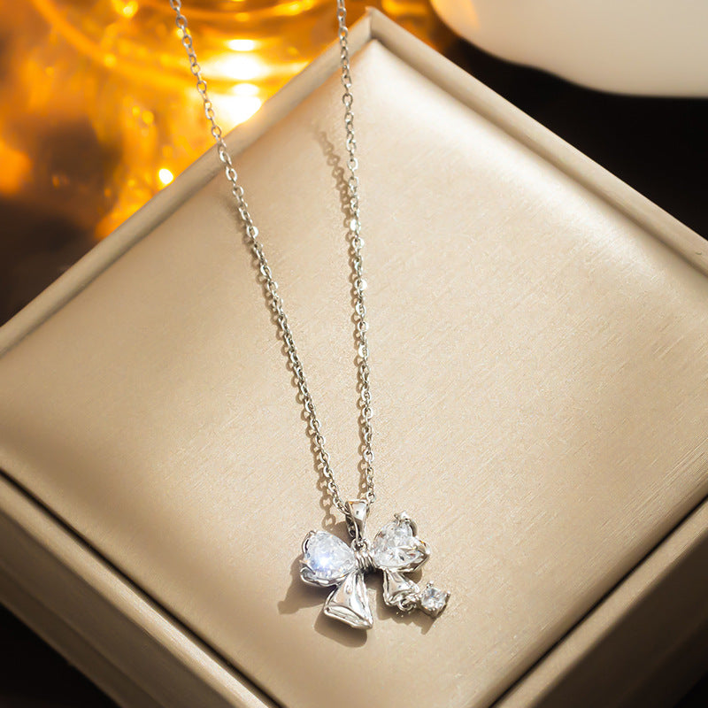 Minimalist Butterfly Pendant Necklace in Titanium Steel with Rhinestone Inlay on O-Chain for Women