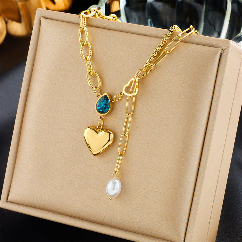 Collar con colgante de corazón de perla minimalista para mujer, de acero de titanio con acabado chapado