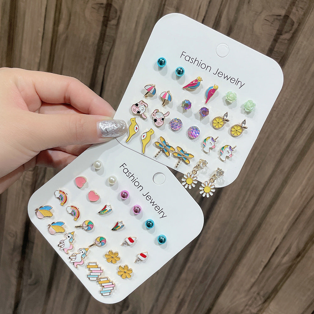 Fashion Elegant Colorful Drip Oil Animal and Floral Stud Earrings Set for Women