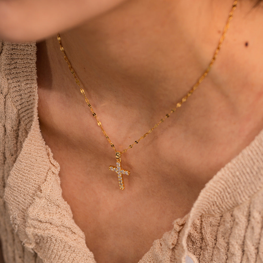 Minimalist 18K Gold Plated Stainless Steel Cross Pendant Necklace with White Zircon for Women