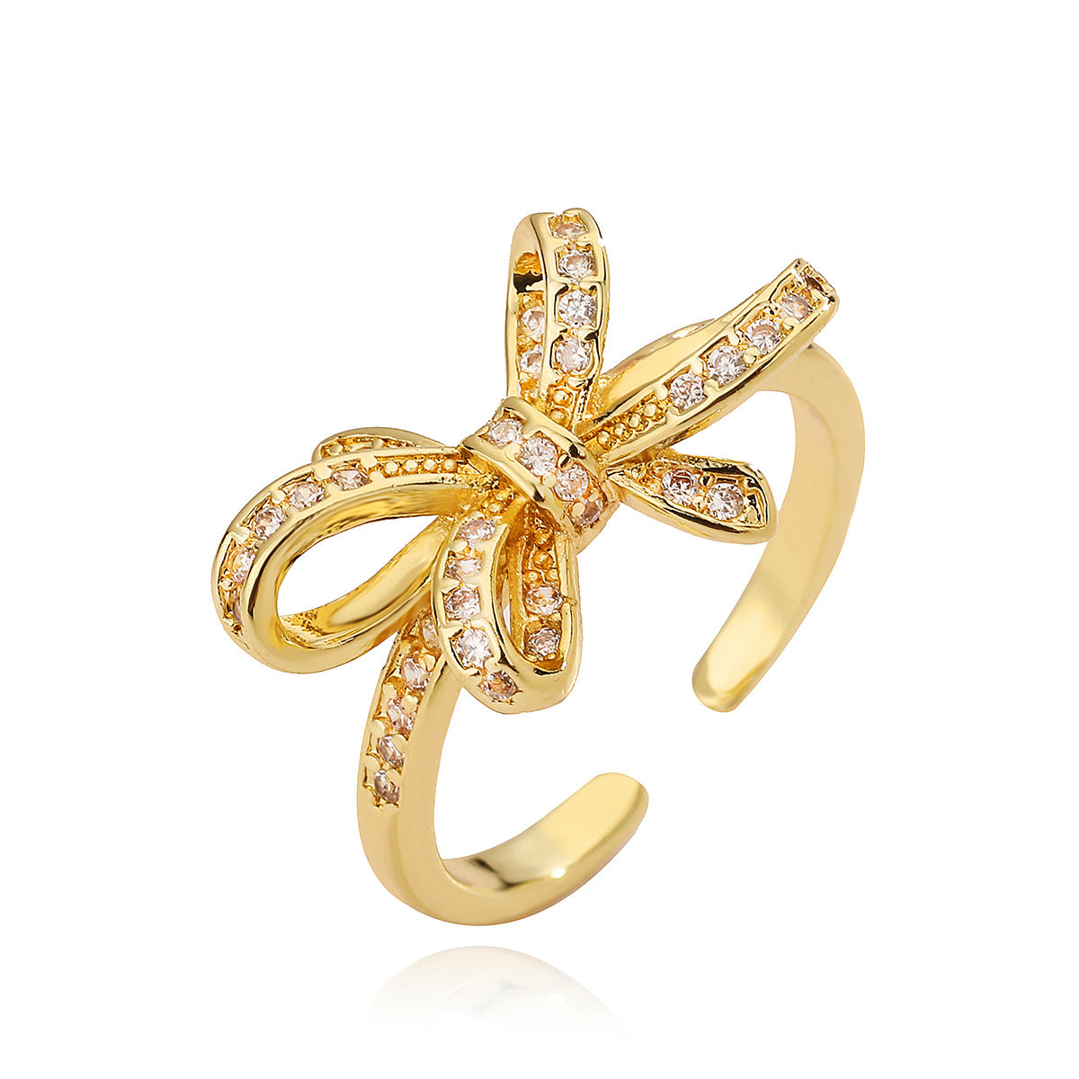 Sweet 18K Gold Plated Brass Geometric Bow Knot Ring with Cubic Zirconia for Women