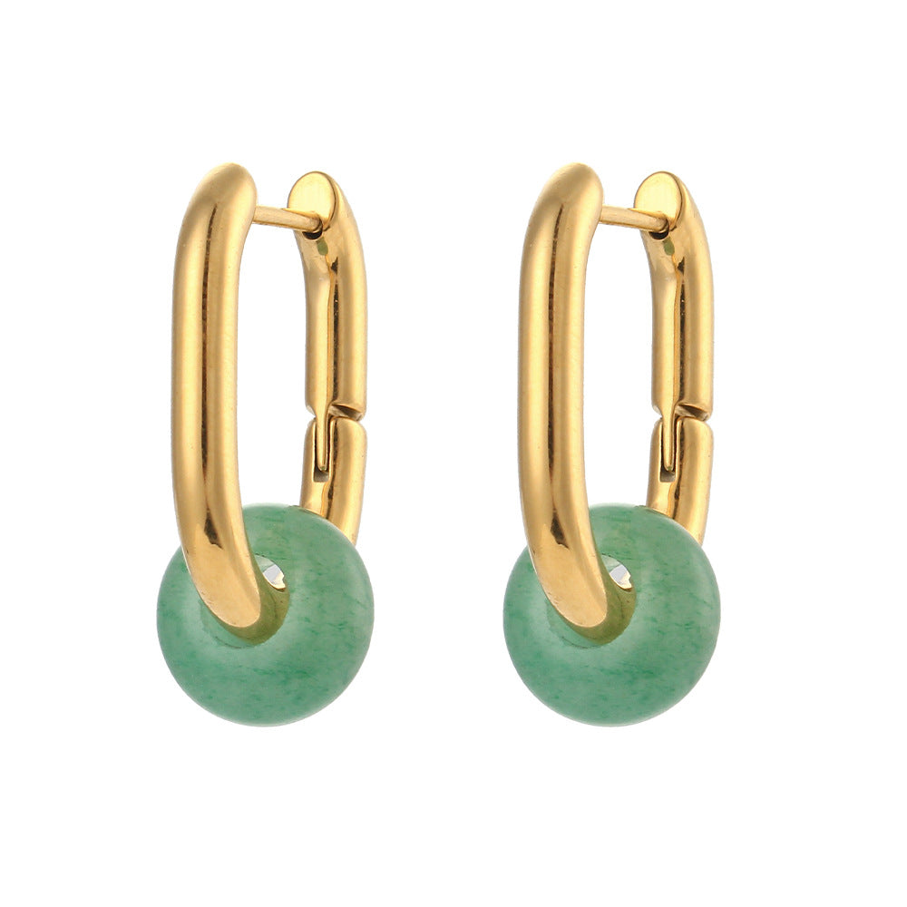 Vintage-Inspired Geometric Stainless Steel Earrings with 18K Gold Plating and Natural Sunstone Cat's Eye Accents for Women