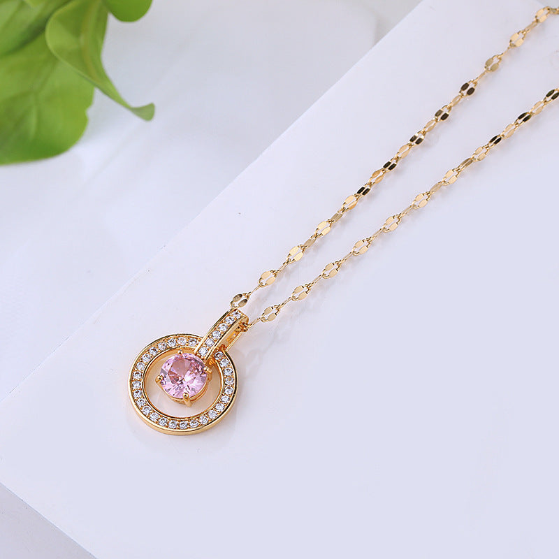 Fashion Titanium Steel Round Zircon Inlay 18K Rose Gold Lip Chain Necklace