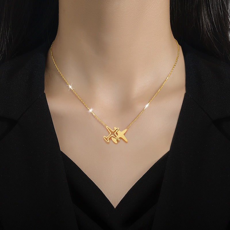 Minimalist Titanium Steel Geometric Airplane Pendant Necklace for Women and Men, Gold-Plated Clavicle Chain with Modern Office Style