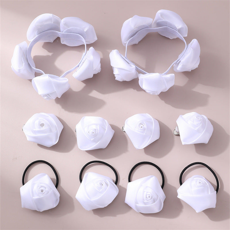 Conjunto de accesorios para el cabello de niña estilo INS con lazo de doble capa y rosa blanca 3D, que incluye pinzas para el cabello y gomas para el cabello