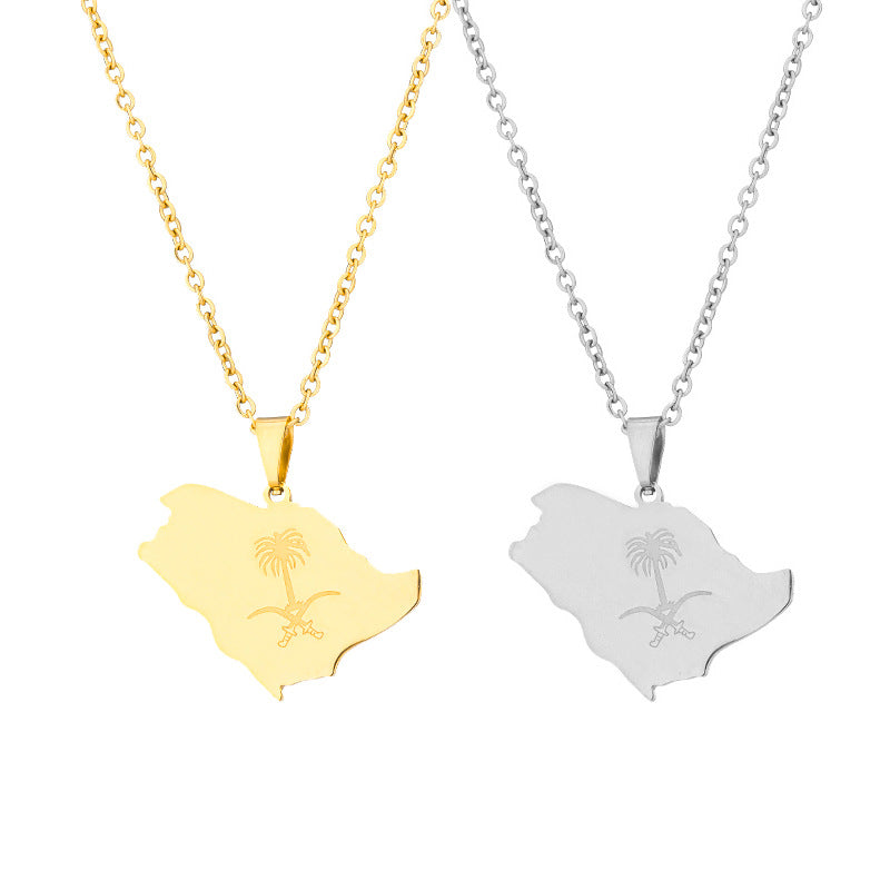Collana Etnica Geometrica con Ciondolo in Acciaio Inossidabile, Charms in Acciaio al Titanio e Finitura Galvanica su Catena a Maglie O-Ring