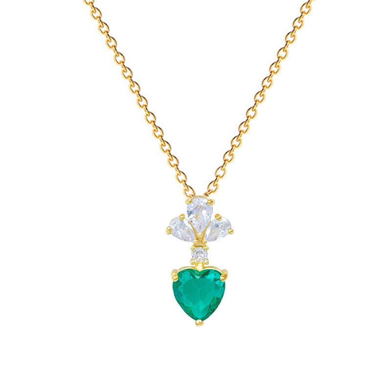 Sweet Elegant Floral Heart Geometric Rhinestone Pendant Titanium Steel Necklace for Unisex
