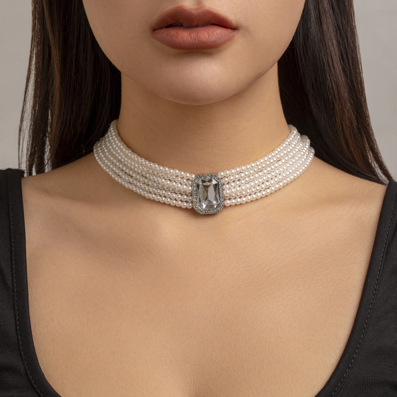 Vintage Elegant Geometric Alloy Necklace with Faux Pearl and Rhinestone Inlay, Multi-Layer Plated Chain for Women