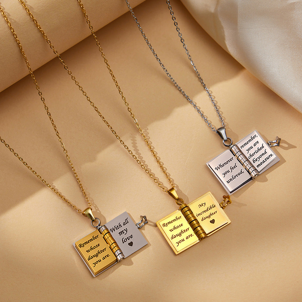 Minimalist 18K Gold Plated Geometric Book Pendant Stainless Steel Necklace for Women