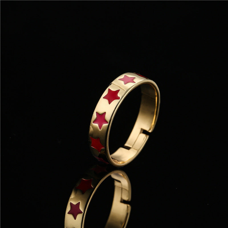 18K Gold Plated Brass Heart Star Drip Oil Open Ring for Women