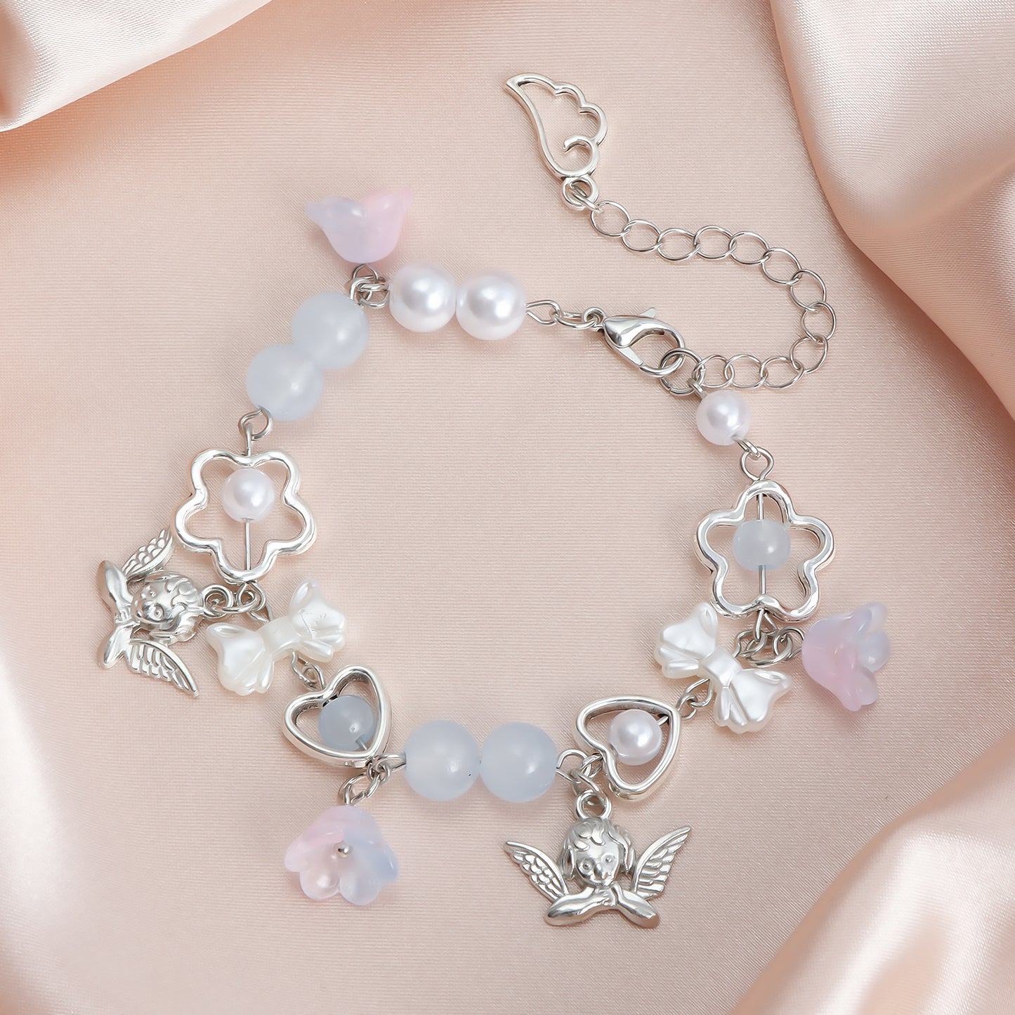 Sweet Summer Dopamine Handmade Beaded Stacking Bracelet with Geometric Angel and Heart Charms for Women