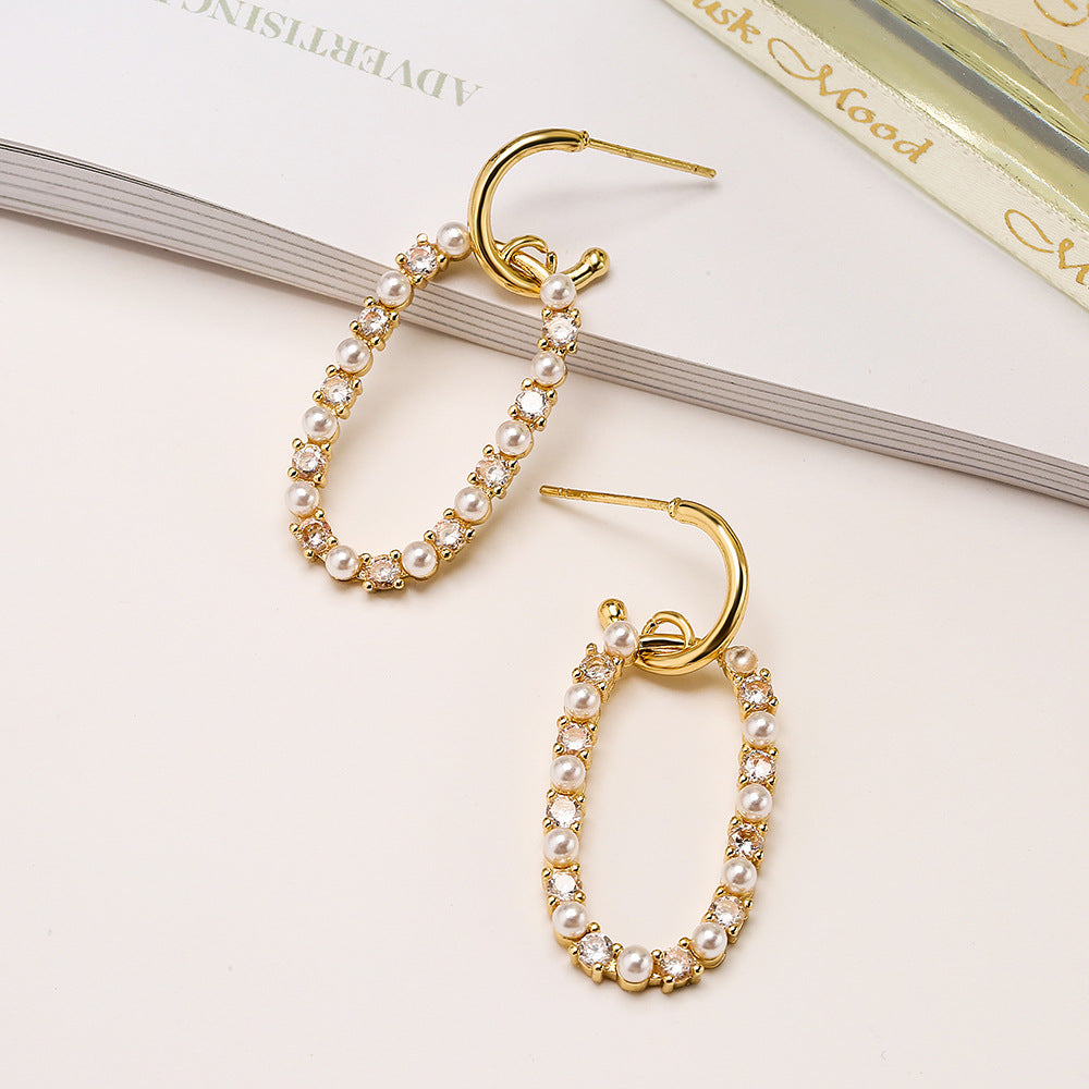 Fashion Geometric Micro-Set Zircon Pearl Copper Earrings with 18K Gold Plating for Women