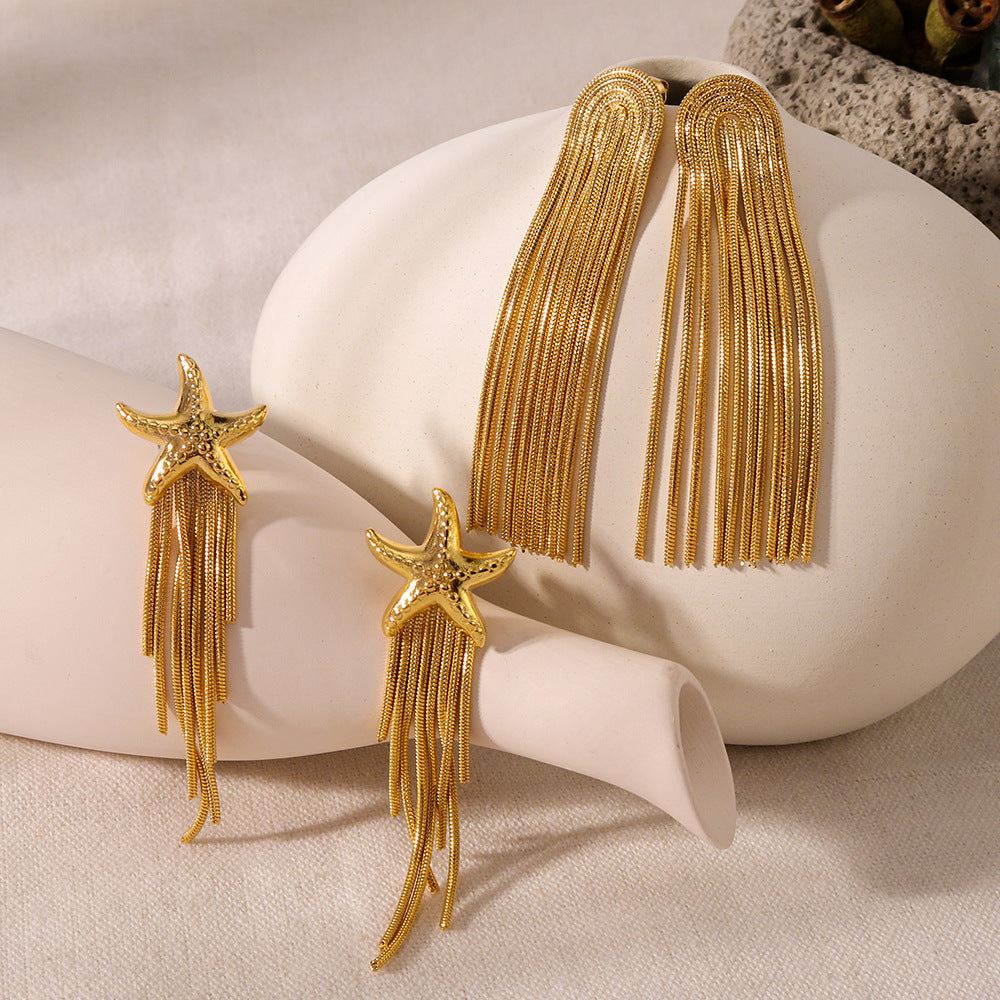 Minimalist Star-Shaped Stainless Steel Earrings with 18K Gold Plating for Women — Geometric Asymmetrical Tassel Design for Summer Beach Style