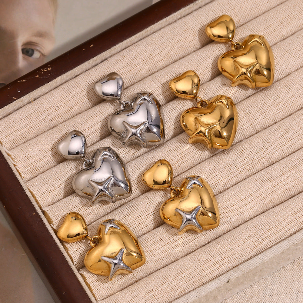 Fashionable Minimalist Star and Heart Shape Stainless Steel Earrings with 18K Gold Plating for Women