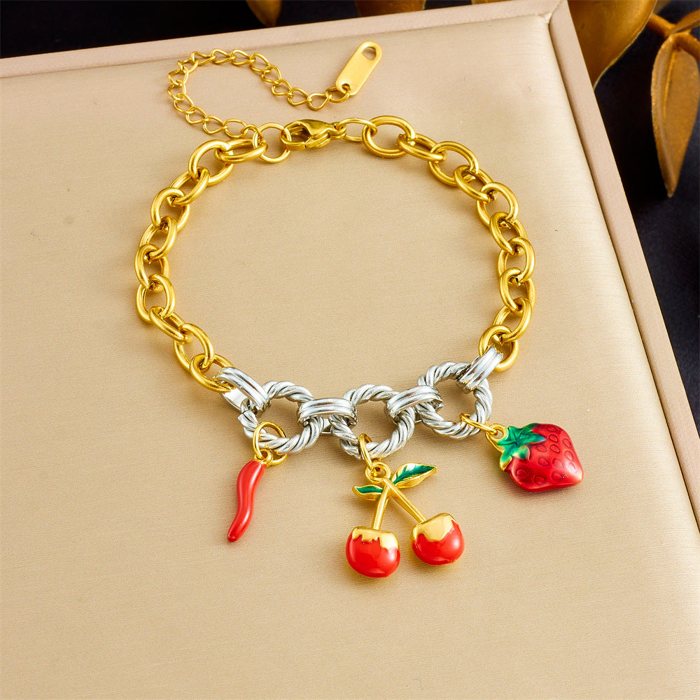 Sweet Gold Plated Stainless Steel Cherry Strawberry Pendant Bracelet