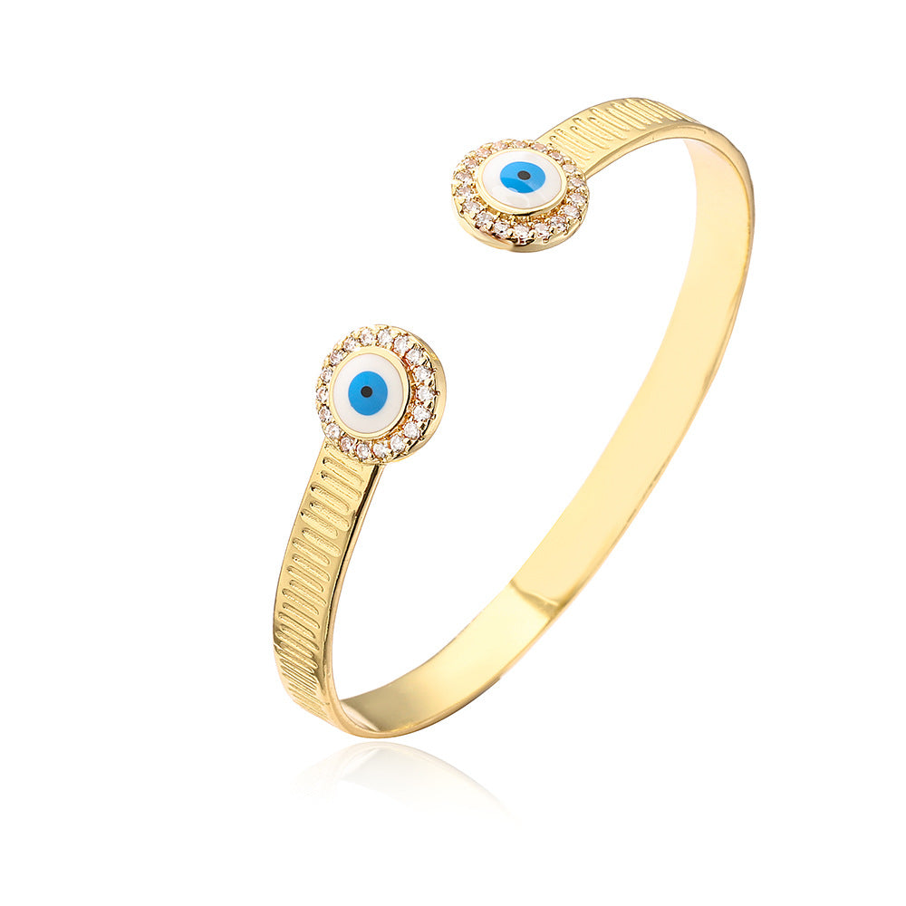 Minimalist Fashion Eye-Shaped Copper Bracelet with 18K Gold Plating and Zircon Inlay for Women