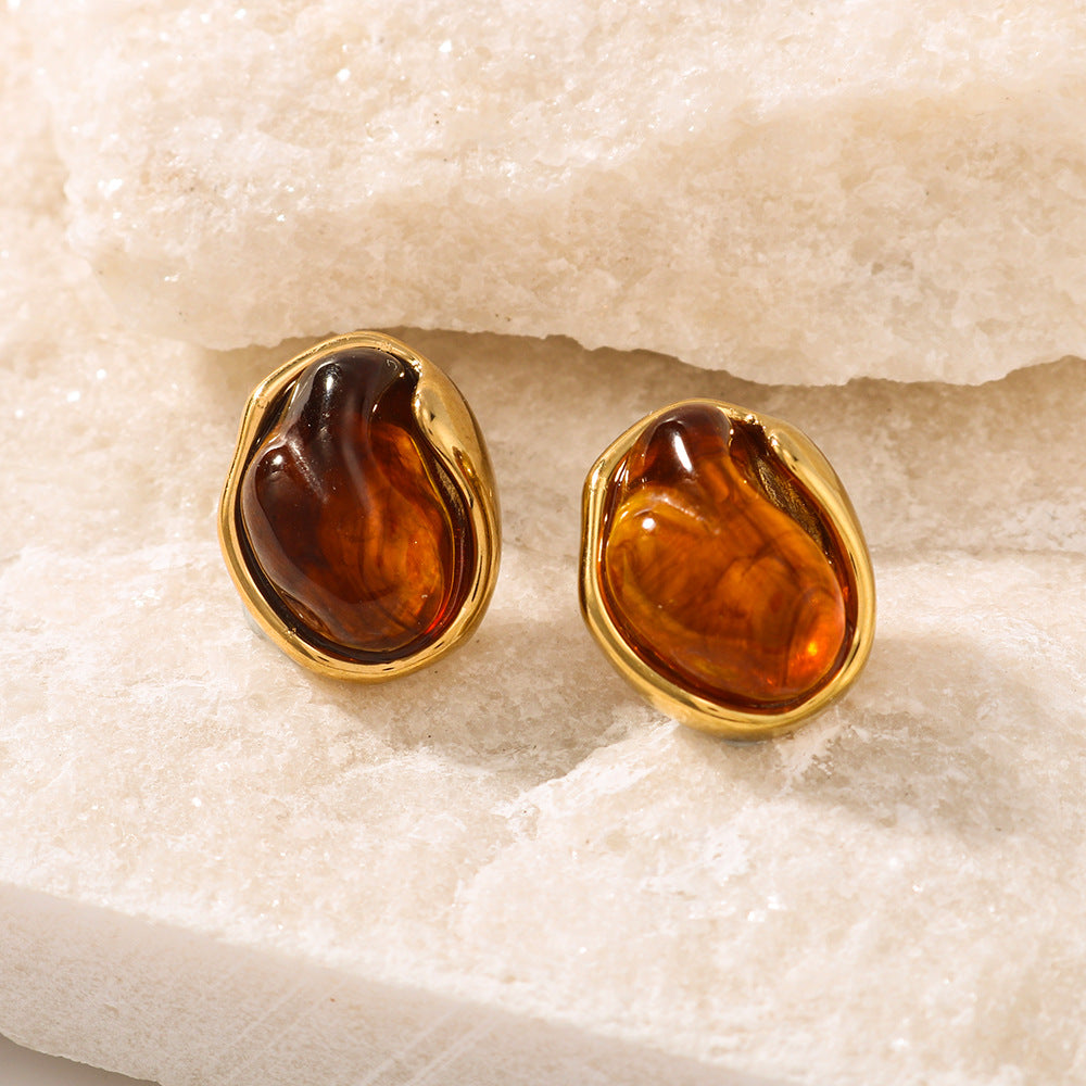 Minimalist Asymmetrical Round Resin Stud Earrings in Stainless Steel with 18K Gold Plating for Women