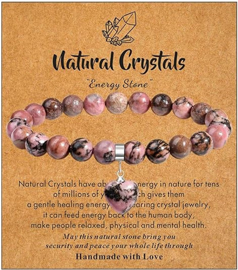 Minimalist Natural Stone Beaded Bracelet with Heart Pendant Unisex Elastic Stretch Bangle